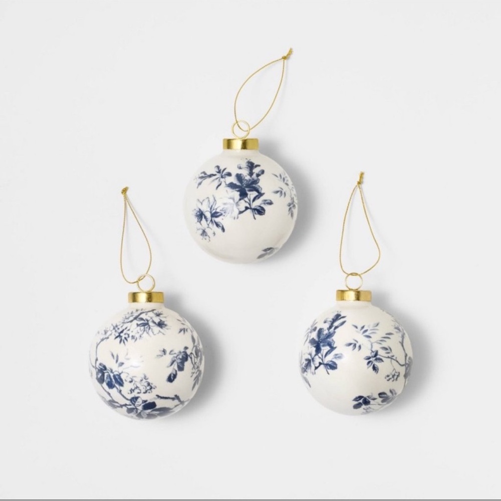 Set of 3 Studio McGee Hand Painted Ornaments White & Blue - Threshold Holiday